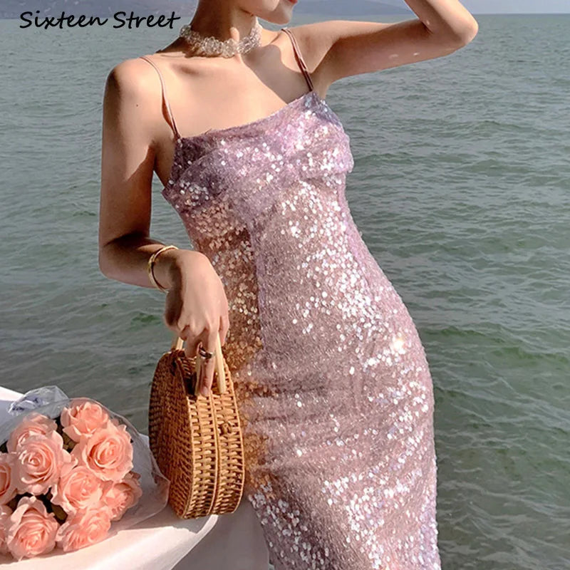 Babs Pink Sequin Dress Women Summer Vacation Party Dresses Women Sleeveless Spaghetti Strap Bodycon Vintage