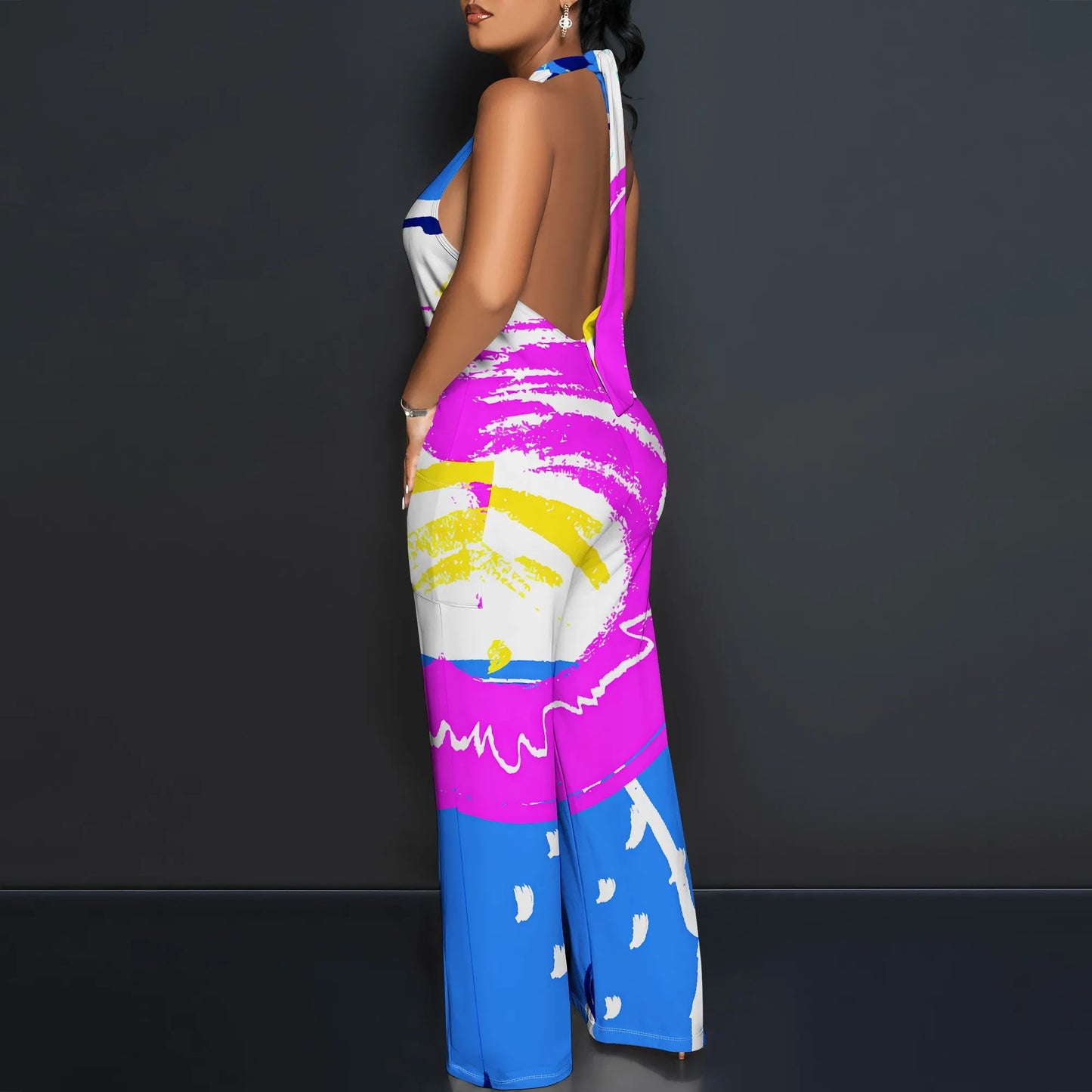 Maxy Bold Abstract Brushstroke Halter V-Neck Maxy Dress - Women's Modern Artsy Party Resortwear Evening Beachwear