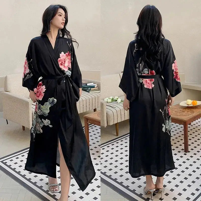 Maxy Japanese Style Half Sleeve Kimono Bathrobe Gown Female Long Robe Nightgown Sleepwear Loose Satin Print Flower Home Dressing Gown