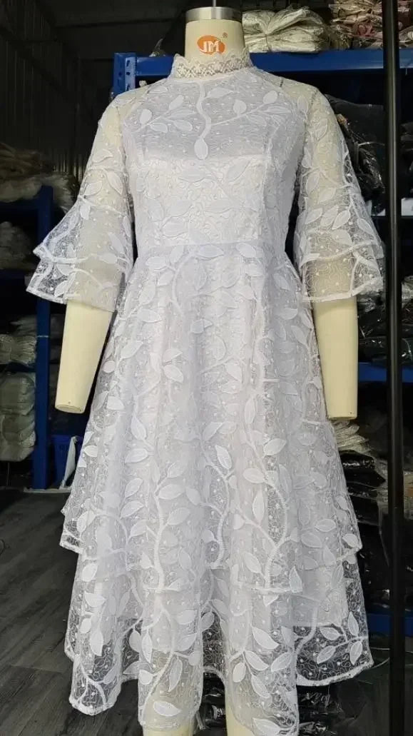 Amay Dashiki Clothing African Party Evening Dresses for Women Summer Elegant 2024 White Mesh High Waist 3/4 Sleeve Midi Dress