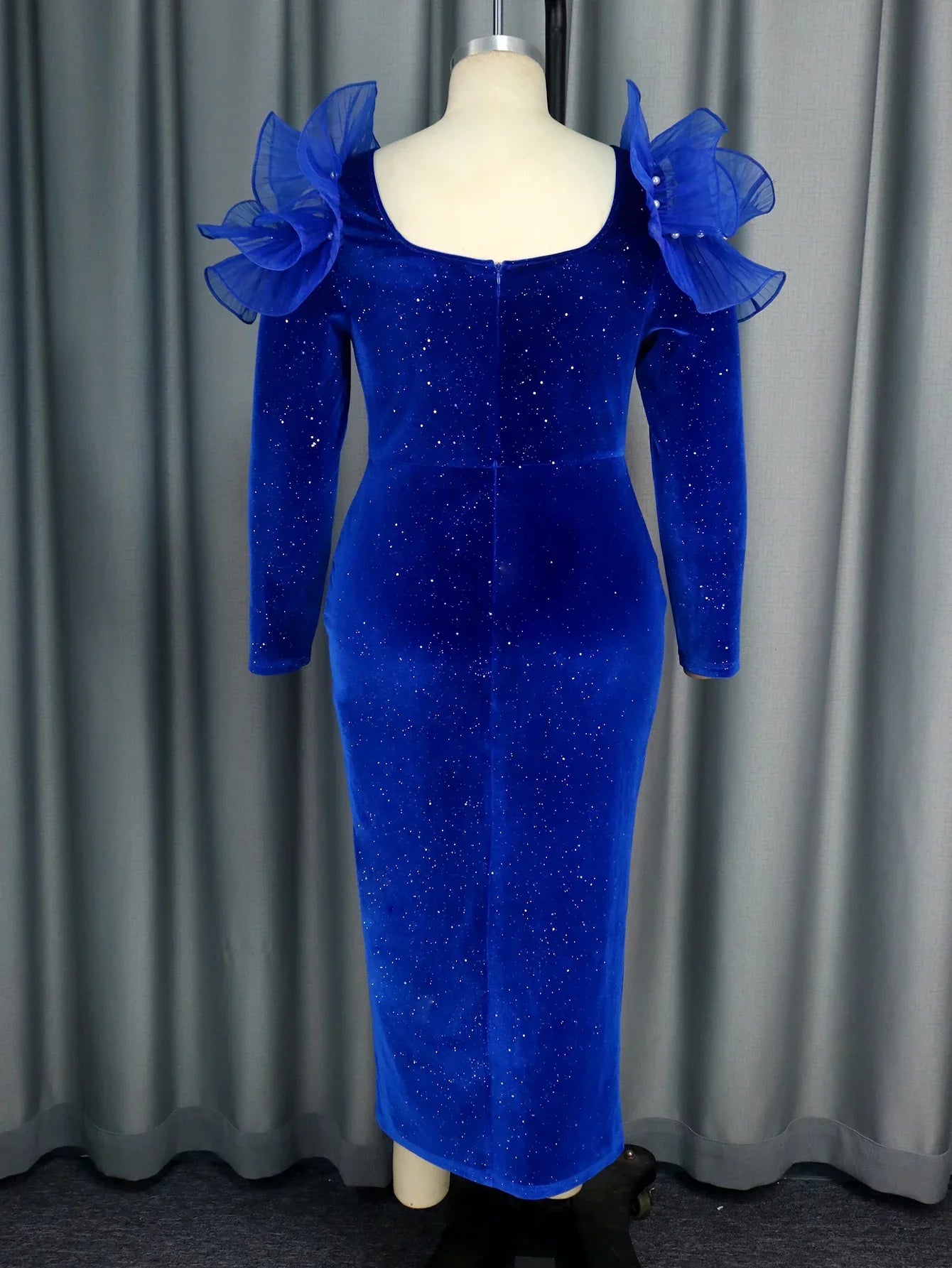 Amay Blue Elegant Party Evening Dress Velvet Winter Wedding Guest Outfit Ruffles Shiny Square Collar Party Long Sleeve Birthday Gowns