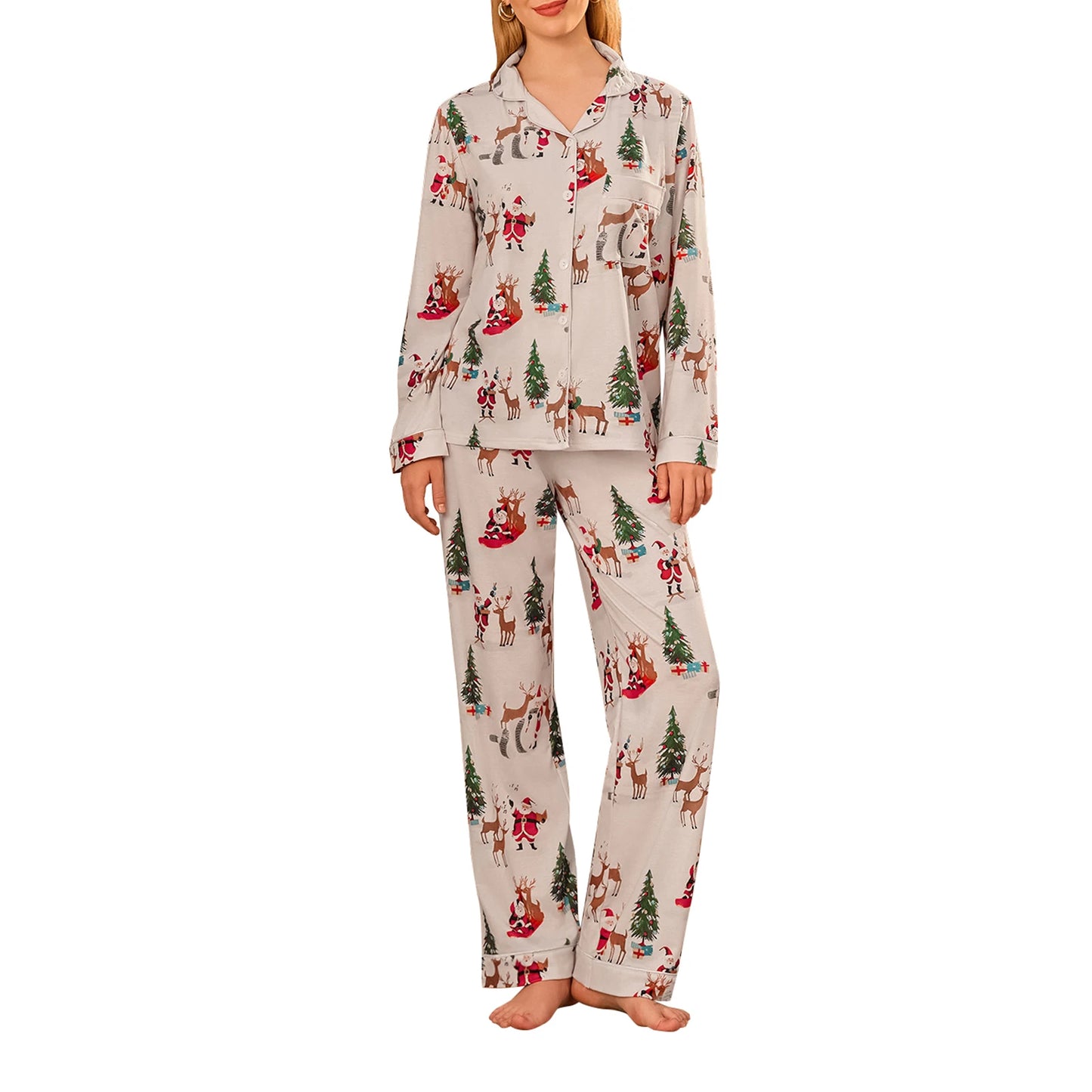 Women Christmas Pajamas Set Reindeer Tree Max Print Lapel Neck Button-up Long Sleeve Tops Long Pants Loungewear Outfit