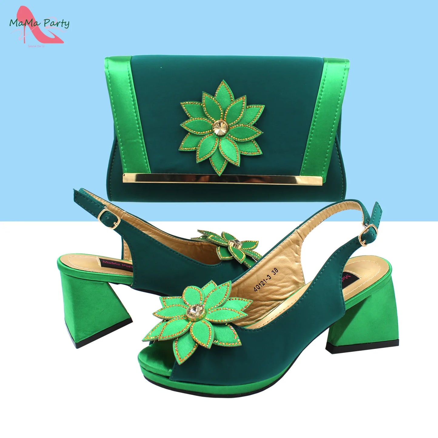 Maxy New Design Women Shoes and Bag Set in Green Color High Quality Comfortable Heels with Appliques for Wedding