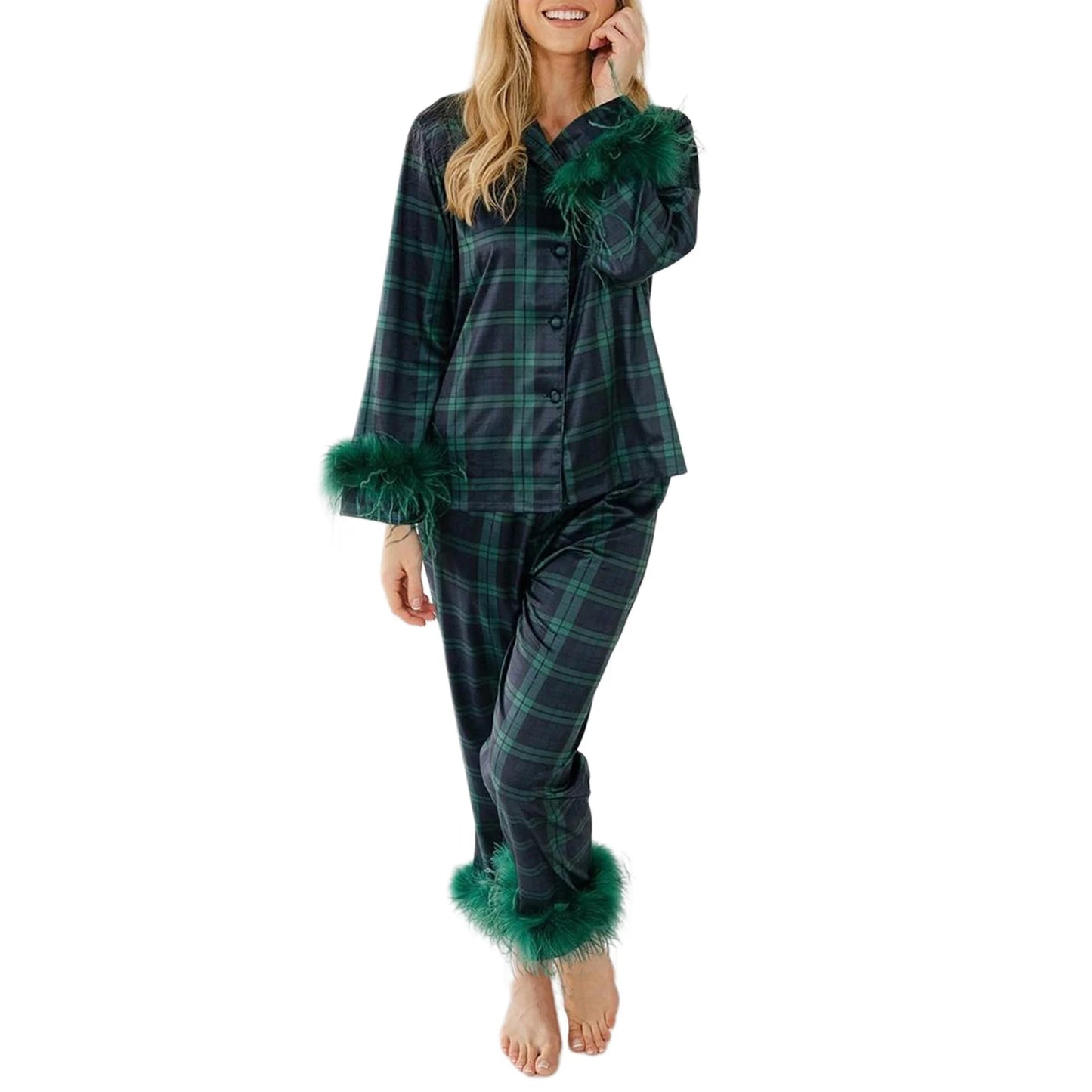 Zay Women's Pajama Set 2 Piece Feather Plaid Underwear Long Sleeve Lapel Button Up Shirt Tops and Pants Sleepwear Sets