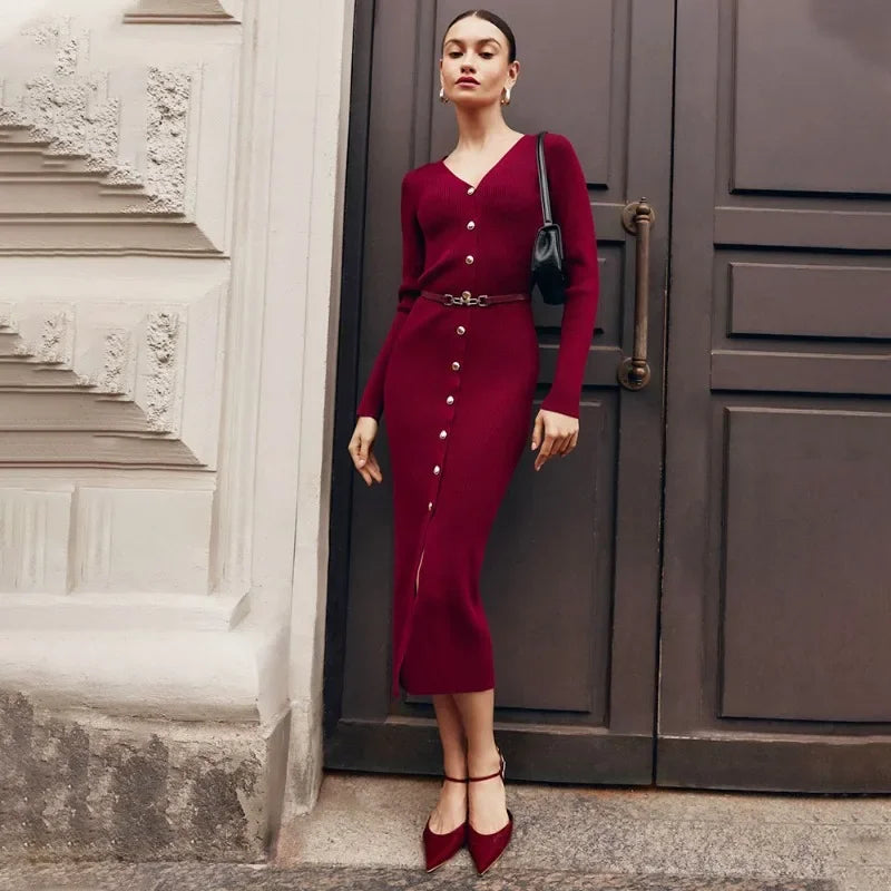 Amay Fall Knitted Slit Long Dress Women's Solid Ribbed Patchwork Cardigan Elegant Slim Party Dress Knitted Women's Long Dress