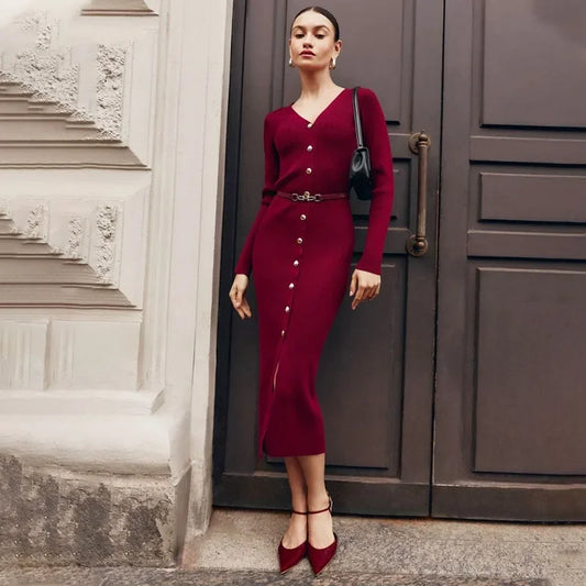 Amay Fall Knitted Slit Long Dress Women's Solid Ribbed Patchwork Cardigan Elegant Slim Party Dress Knitted Women's Long Dress