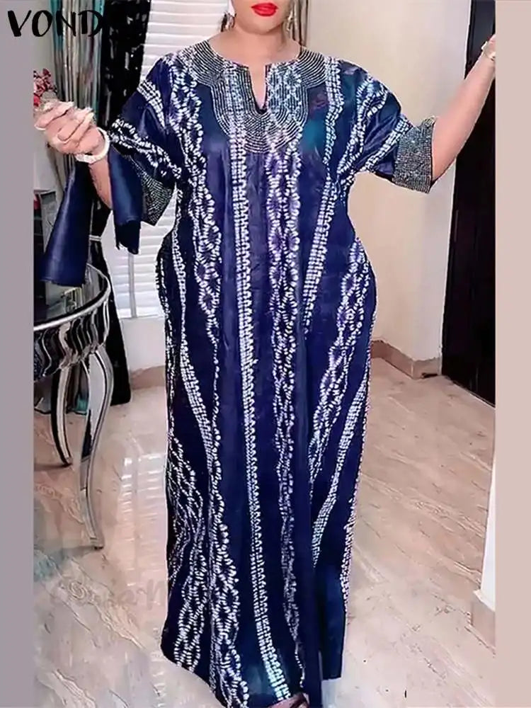 Maxy Plus Size 5XL VONDA Autumn Bohemian Printed Dress Women Vestidos Casual Half Sleeve Maxi Sundress Simple Elegant Long Robe