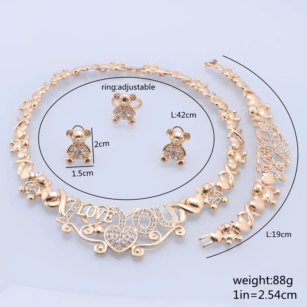 Maxy Gold Color for Women Party Wedding Gifts Heart, I Love You Pendant Necklace Earrings Ring Bracelet Jewelry Sets