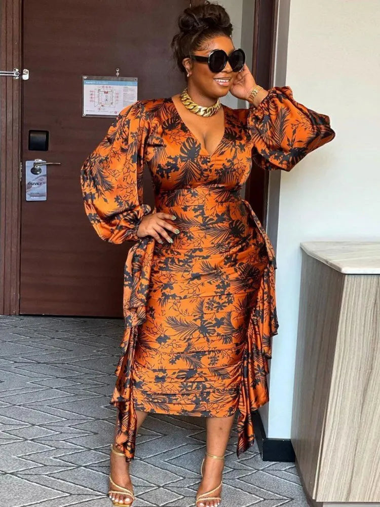 Maxy Dresses for Women Summer Autumn Africa Clothing Long Sleeve Ruched Dress Sexy V-Neck Slim Dress Office Lady Party