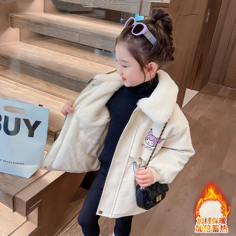 Sanrios Kuromi Anime Autumn Winter Coats Kid Velvet Thickened Pie Overcoming Cartoon Parka Jackets Girl Clothes Toddler Snowsuit