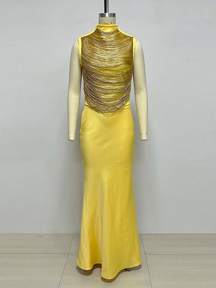 2026 Yellow Two-Piece Evening Gown for Women High Neck Gold Textured Crop Top & Bandage Maxi Skirt Wedding Guest Prom Dress