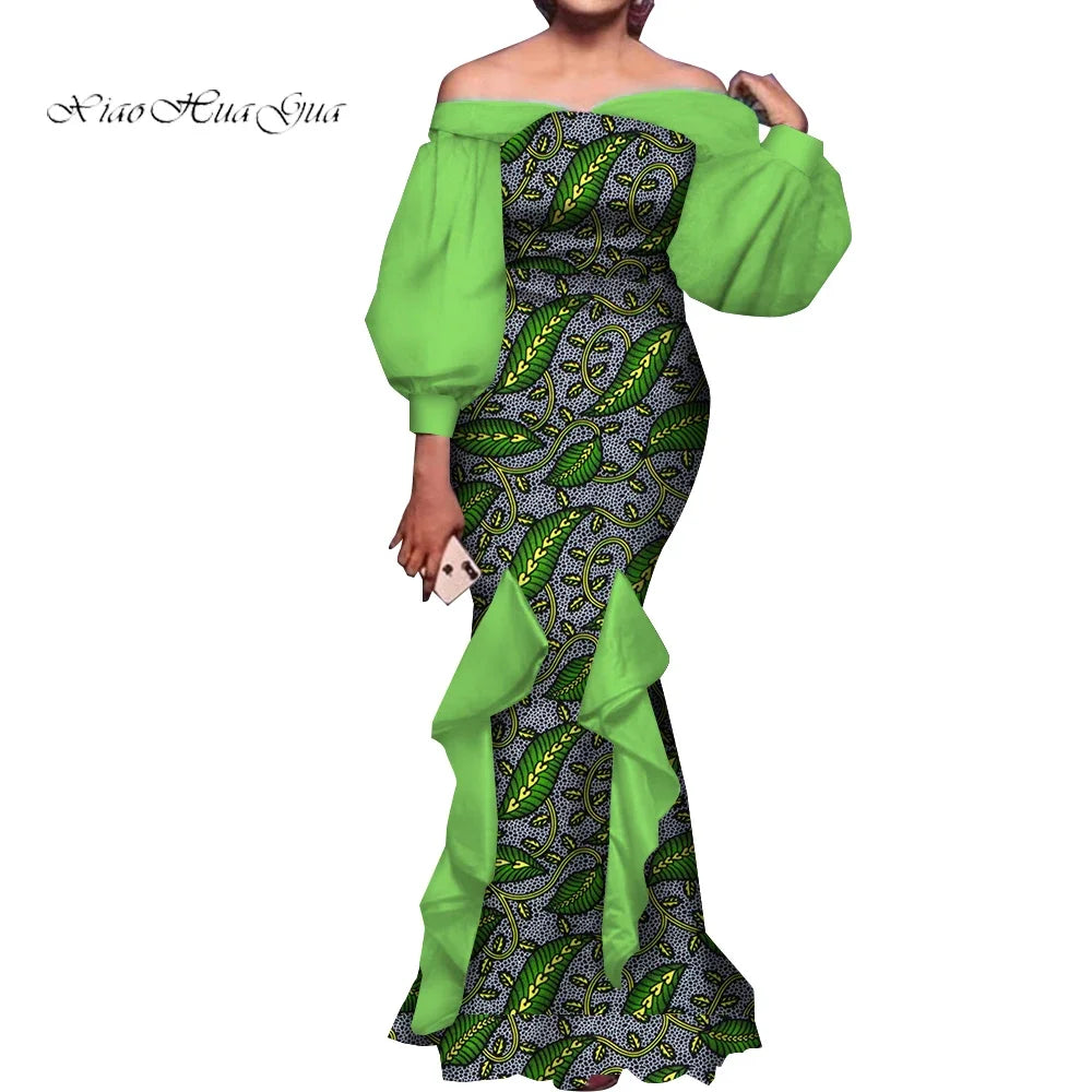Amay Fashion Women Ankara Dresses Flash Neck Puff Sleeve Long Dress African Dress Robe Africaine Femme Evening Mermaid Dress WY1848