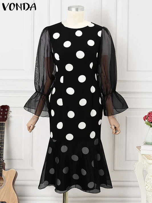 Maxy Plus Size Women Elegant Lace Patchwork Dress Casual Long Sleeve Robe O-neck Polka Dots Bohemian Well Fitting Midi dress