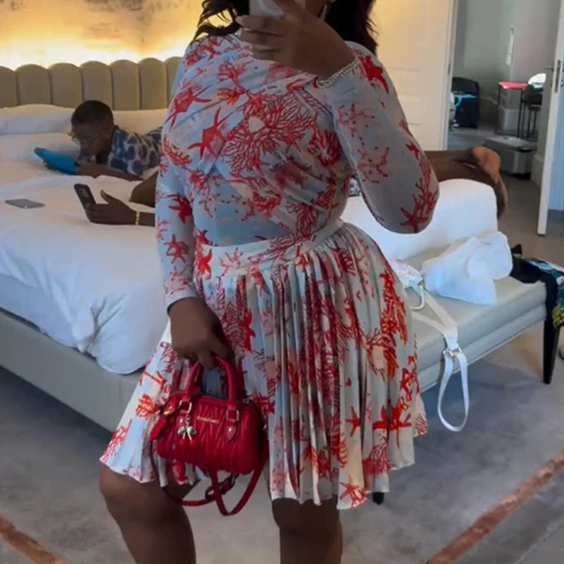 Maxy New African Fashion Women Dress set Leaf Print Long Sleeve O-neck Wrap Front Pleated Dress Vacation Party Birthday Dresses
