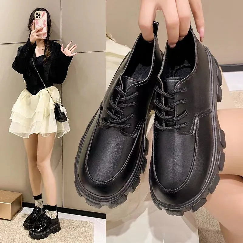 Maxy Women's British Style Leather Shoes Spring Autumn Platform Slip-on Loafers Fashion Lace Up Round Head Comfort High Heels