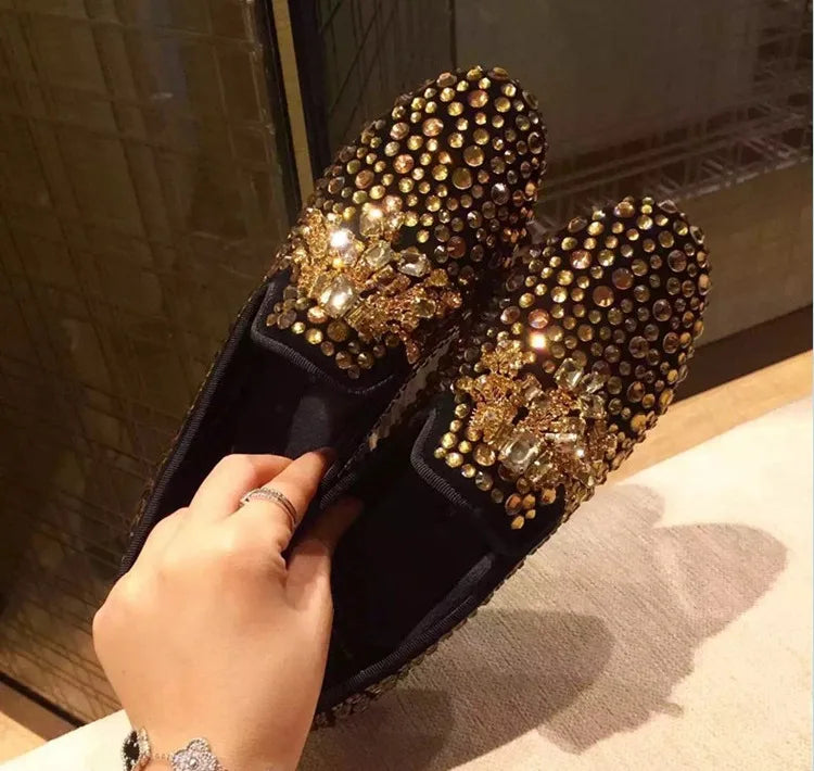 Visco Spring Gold Black Handmade Rhinestone Men Shoes Crystal Loafers Male Luxury Party Wedding Shoes Slip on Men's Flat shoes