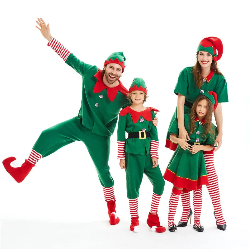 Christmas Maxy Family Costume Role Playing Outfit Green Santa Claus Party Performance Fancy Clothing for Men Women Girls Boys