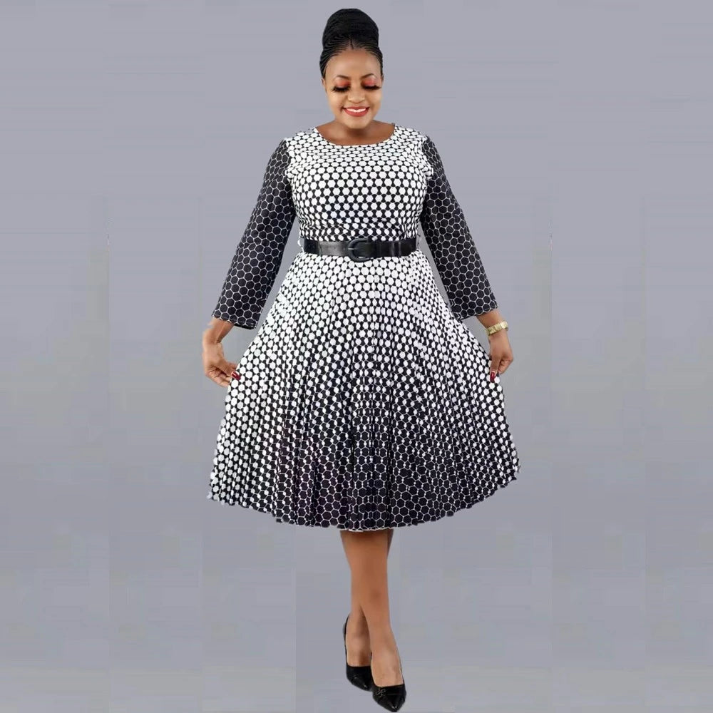 Maxy New Hot Sale African Style Plus Size Printed Round Neck 3/4 Sleeve Large Pleated Swing Snake Dress For Women