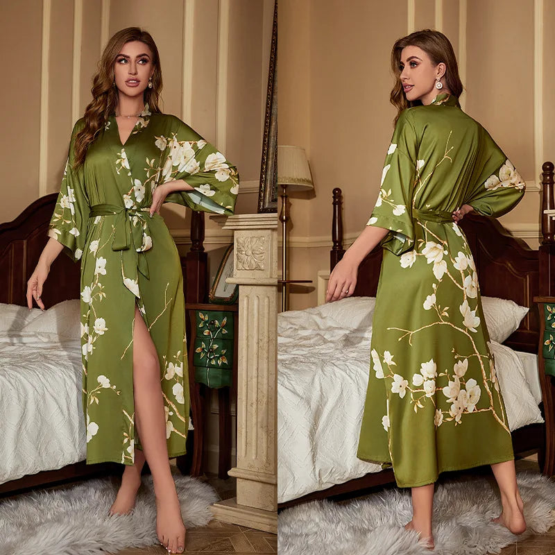 Maxy Japanese Style Half Sleeve Kimono Bathrobe Gown Female Long Robe Nightgown Sleepwear Loose Satin Print Flower Home Dressing Gown