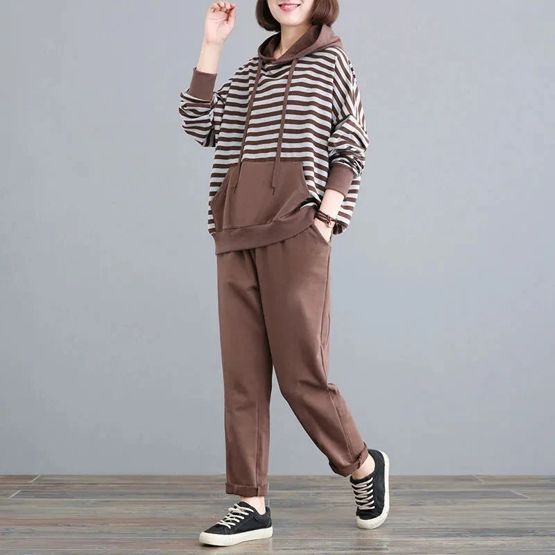 Maxy Spring Casual Loose Striped Hooded 2 Piece Sets Sweatshirt And Harem Pants Tracksuit Oversized 4XL Korean Sweatsuit Women Outfit