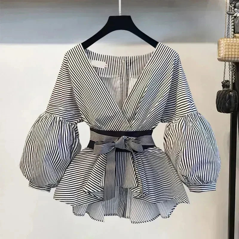 Maxy Women Elegant V-Neck Stripe Lantern Sleeve Bow Belt Trend Slim Chiffon Shirt Top And Korean Ripped Jeans Office Lady Casual Suit