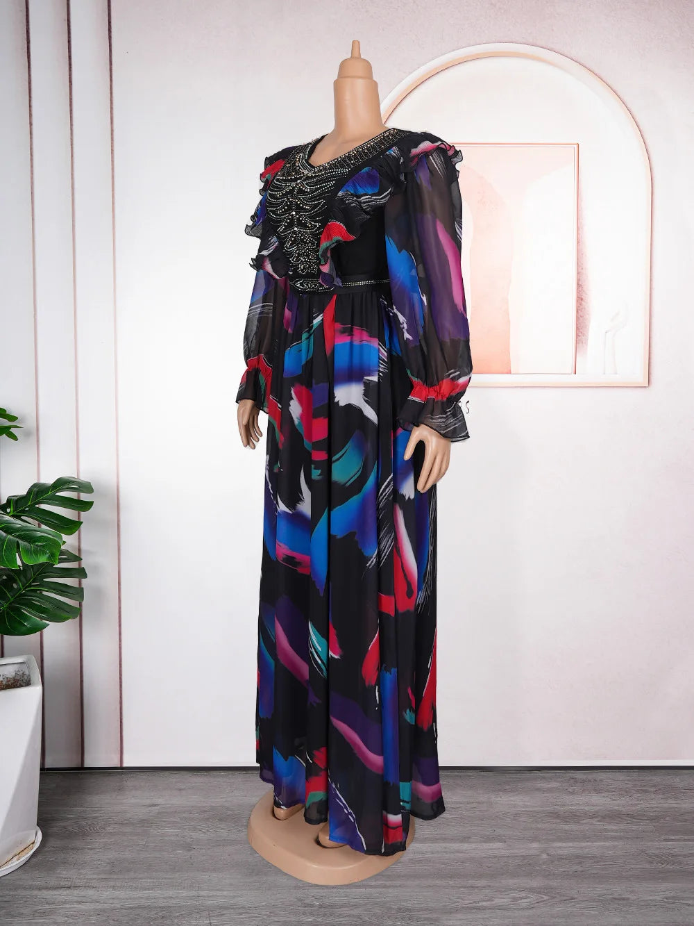 Maxy Plus Size Dresses for Women Luxury Diamonds Print Chiffon Long Dress Ankara Dashiki Africa Clothing Kaftan Turkey Gowns