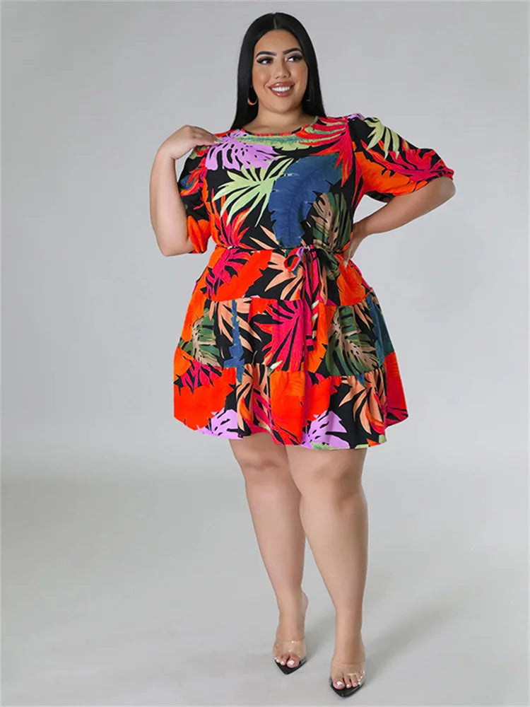 Wmstar Plus Size Dresses for Women Floral Printed Elegant Mini Dress New In Summer Clothes Wholesale Dropshipping with Bandage