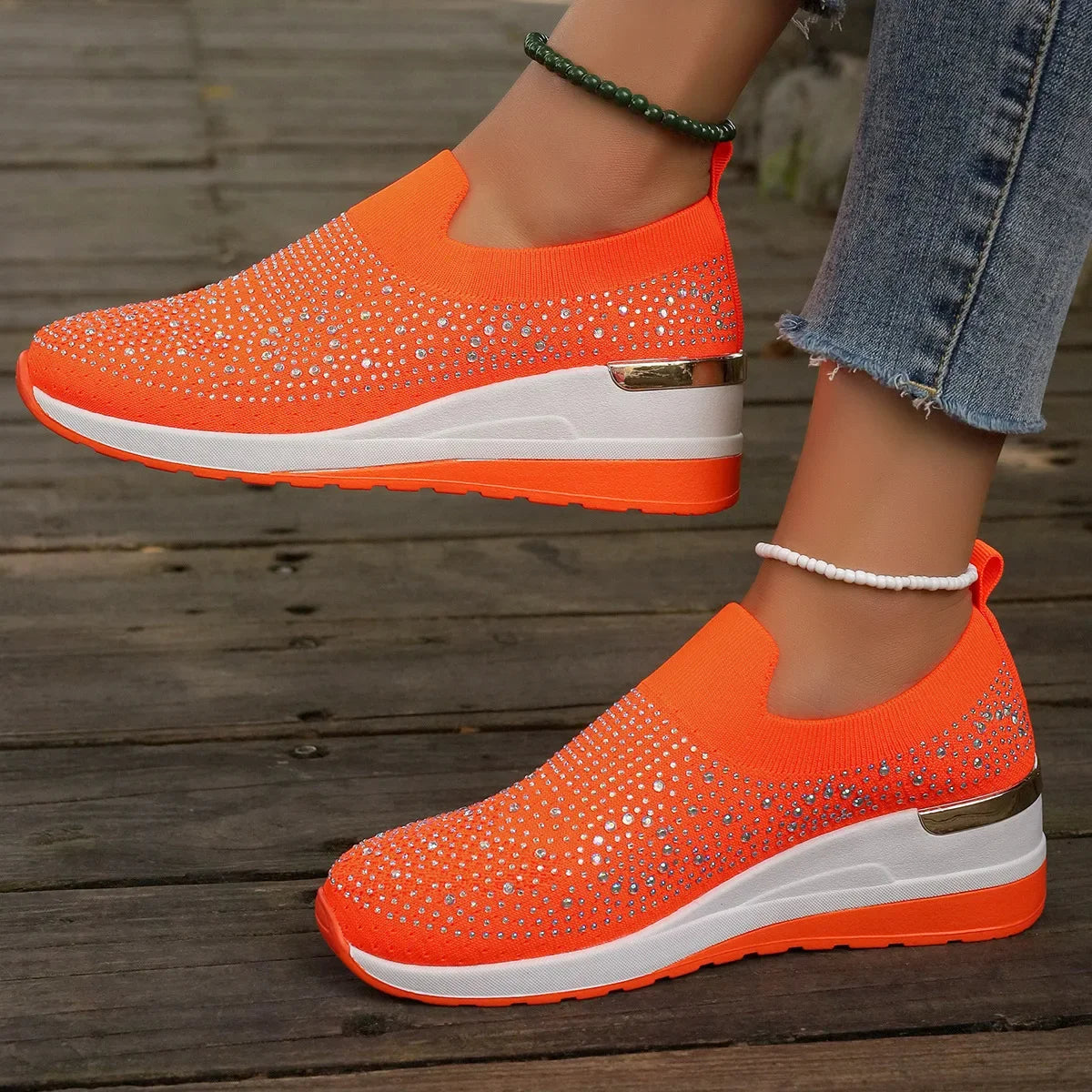 Visco Orange Rhinestone Casual Sneakers Breathable Wedge Women Lightweight Shoes Slip On New Comfortable Spring Mesh Sports Shoes