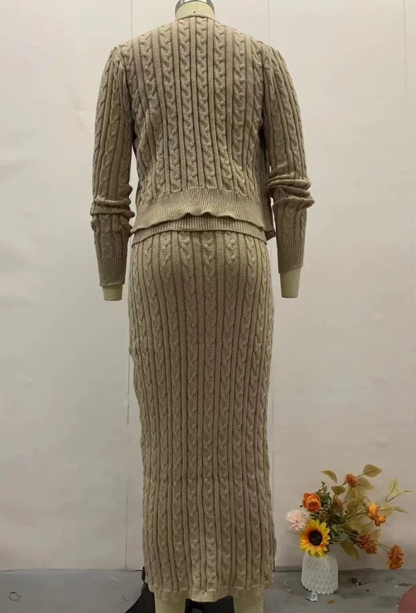 Maxy Elegant Two Pieces Set for Women Outfits Autumn Winter Solid Color Knit V-Neck Cardigan Coat+Slim Fit High Waist Sweater Dress