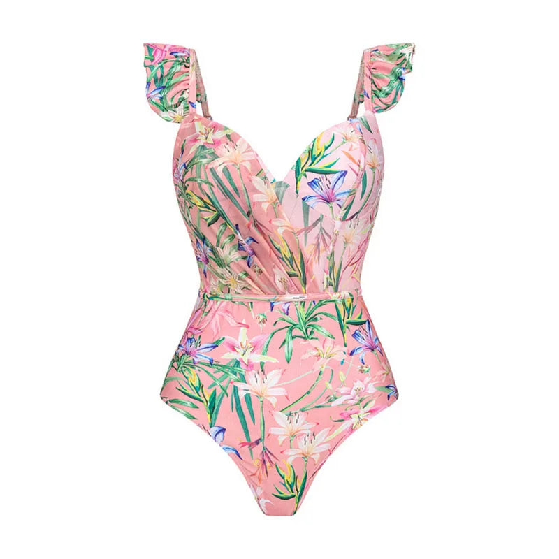 Maxy Women Swimwear Summer Floral Printed V-neck Swimsuit One-piece Bodysuit Bikini Set Beach Style Wear Maxy Dress Skirt Vacation