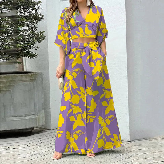 Maxy Vacation Beach Fashion Set Women's Fashion Spring V-neck Lantern Sleeve Top T-shirt Loose Sexy Lace Up Loose Pants Two Piece Set