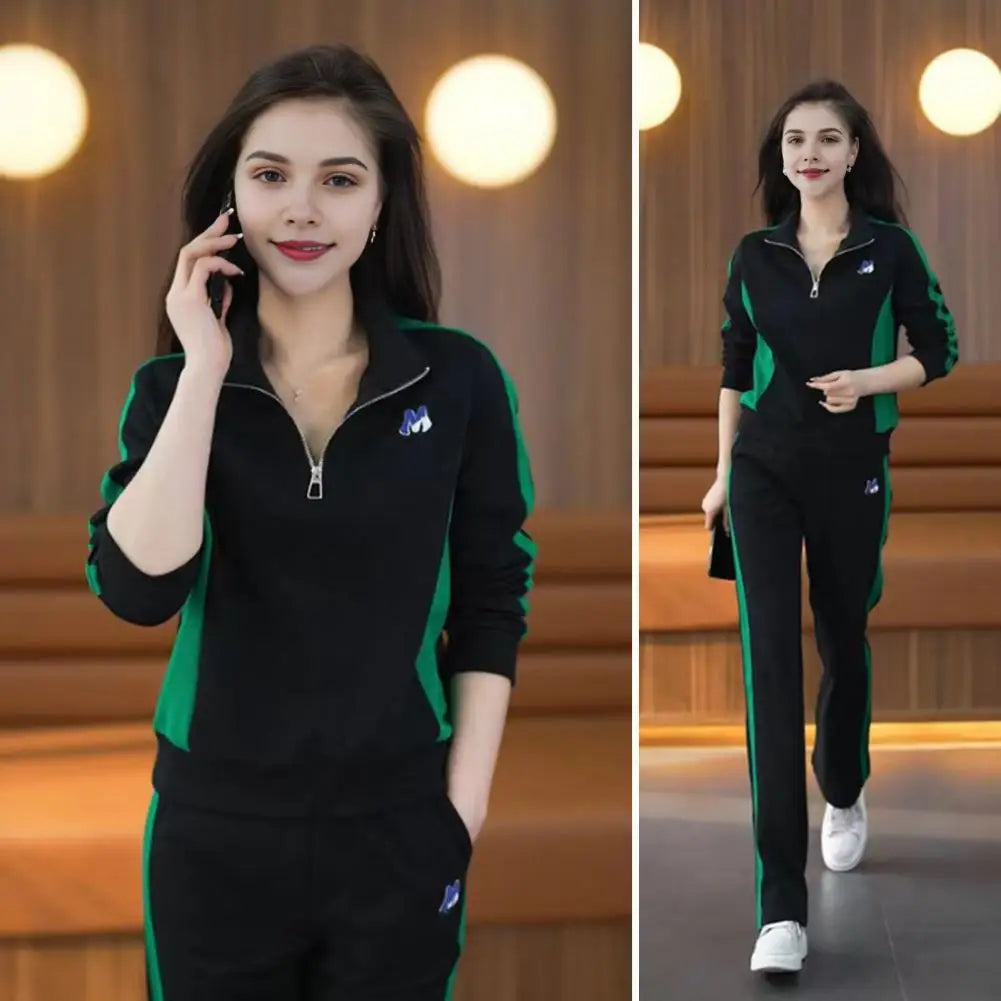 Stand-up Collar Tracksuit Stylish Women's Sportswear Set Color Matching Zippered Stand Collar Sweatshirt Wide Leg for Casual