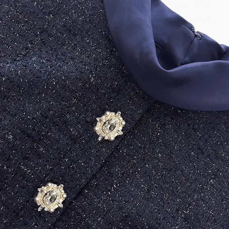Maxy Formal Luxury Evening Dresses Women Summer Autumn Single Breasted Crystal Satin Tweed Long Dress Blue Party Dinner