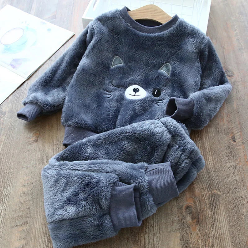 Babs Boy Girl Clothes Pajamas Set Flannel Fleece Toddler Child Warm Catoon Bear Sleepwear Kids Home Suit Winter Fall Spring 1-8Y