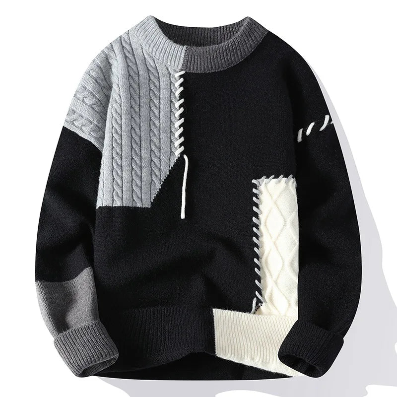 Maxy Autumn Winter Warm Men's Knitted Sweaters Fashion Patchwork O Neck Knit Pullovers Korean Streetwear Pullover Casual Mens Clothing