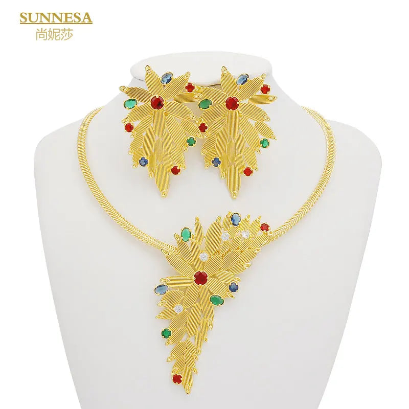 Maxy Colorful Zircon Luxury Dubai Jewelry Sets for Women Golden Necklace Earrings Party Gift Fashion African Bracelet Rings