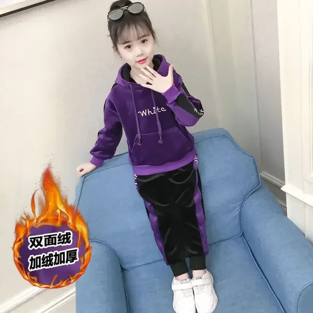 Maxy 2024 winter girl's tracksuit Autumn Toddler Teenager Clothes Plauche velvet sweatshirt hoodie + striped Pant Children Kid 12 year