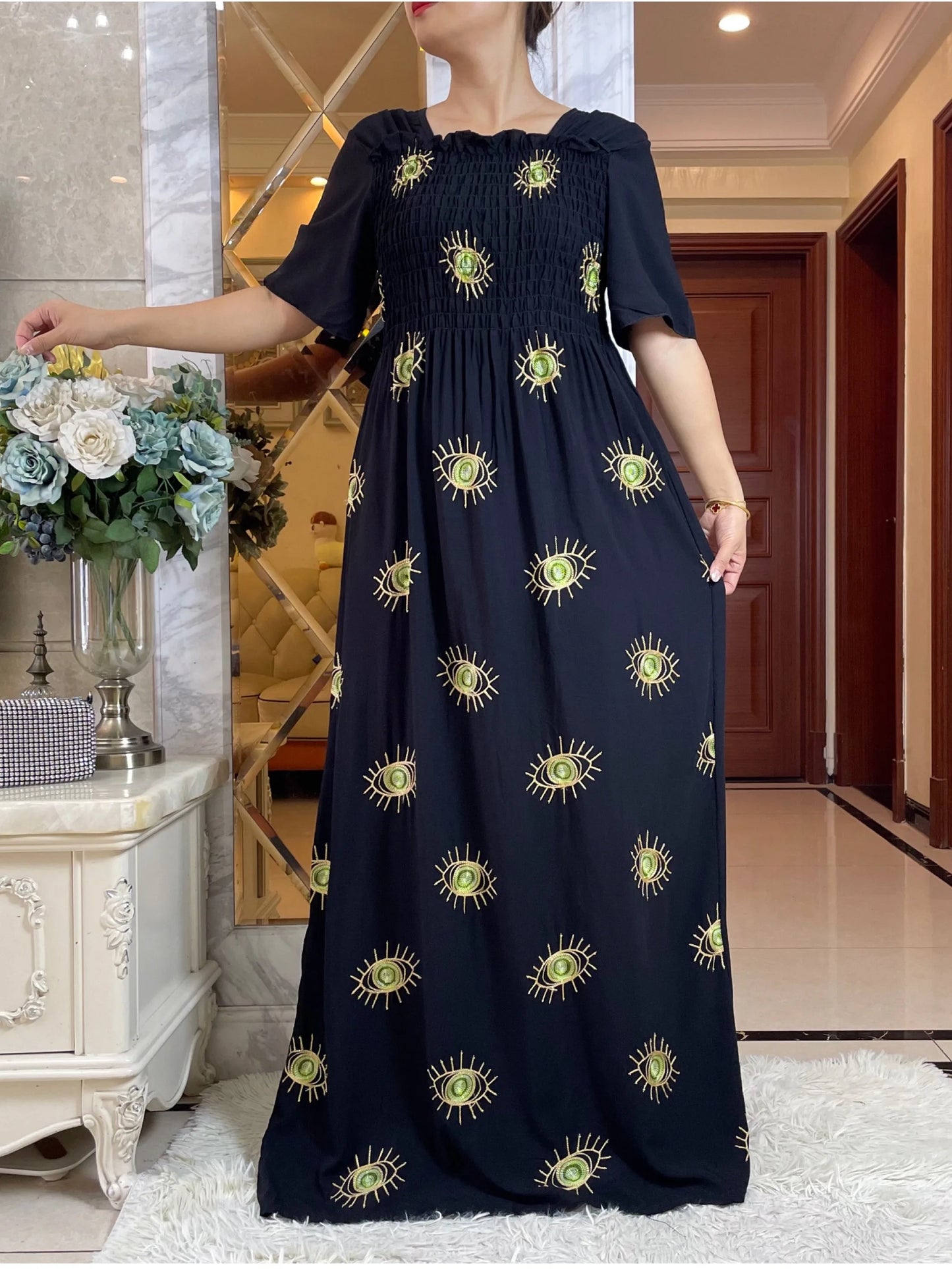 Maxy Summer Fashion Casual Dress Collect Waist Embroider Short Sleeve Loose Woman Maxy Islam African Women Abaya Clothes