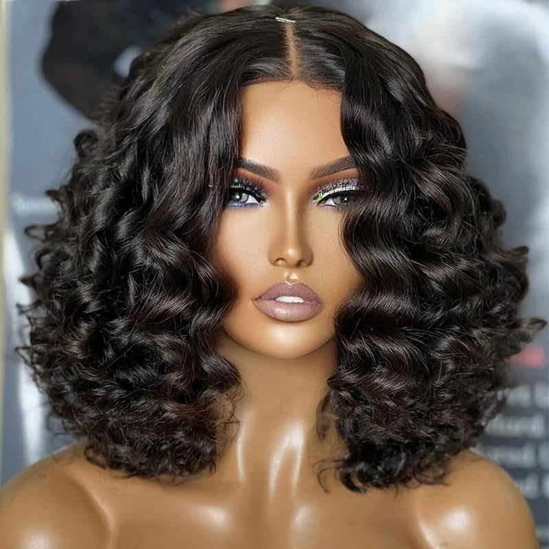 Amay Soft Glueless 180Density Short Cut Bob Natural Black Curly Deep Wave Lace Front Wig For Women With Baby Hair Preplucked Daily