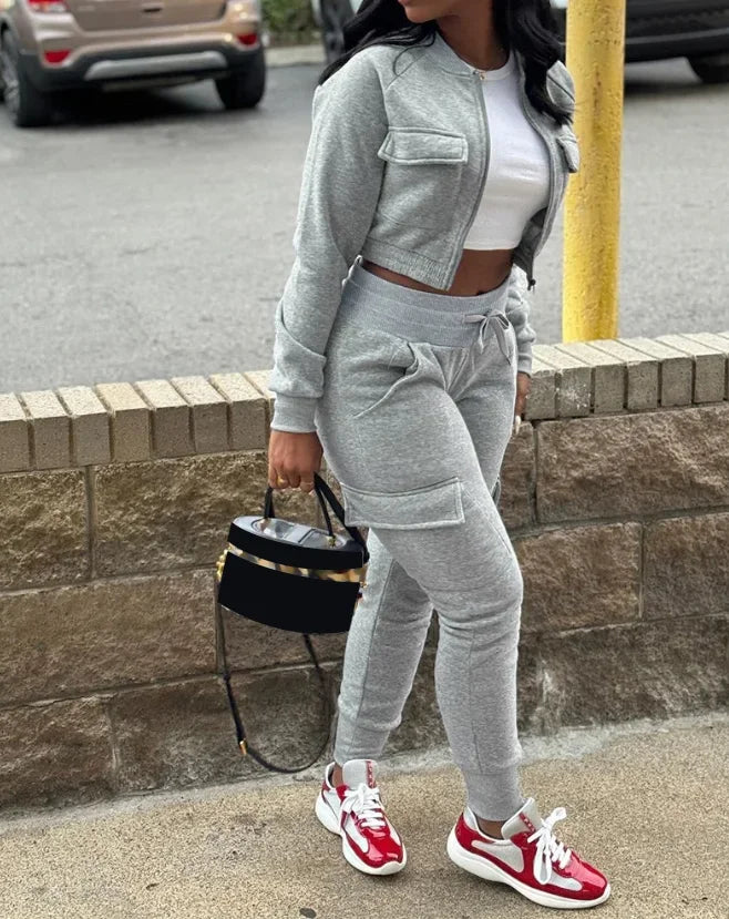 Two Piece Set Women Outfit Autumn Fashion Baseball Collar Plain Crop Zipper Sweatshirt Jacket & Drawstring Cuffed Sweatpants Set