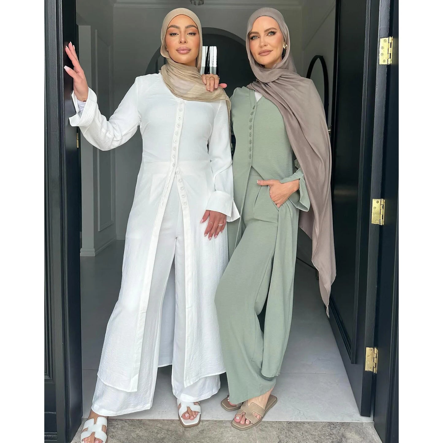 Maxy 2PCS Muslim Women Button Long Sleeve Tops Dress Pants Set Dubai Abaya Turkey Kaftan Arabic Outfits Eid Ramadan Islam Clothing