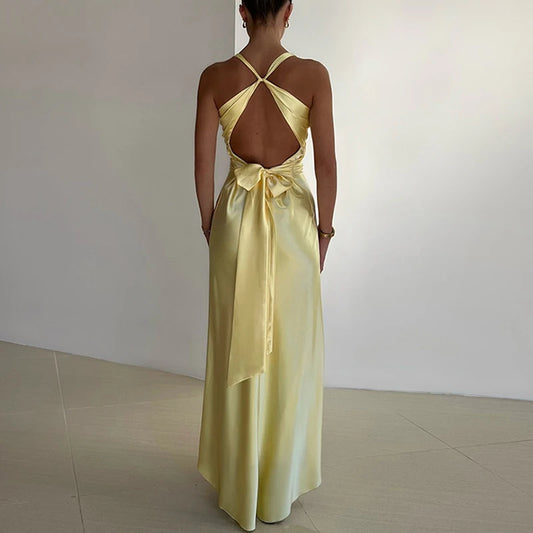 Maxy Elegant Sleeveless High Waist Summer Dress Satin Slim Solid Color Women's Long Dresses New Backless Bow Tie Up Party Dress