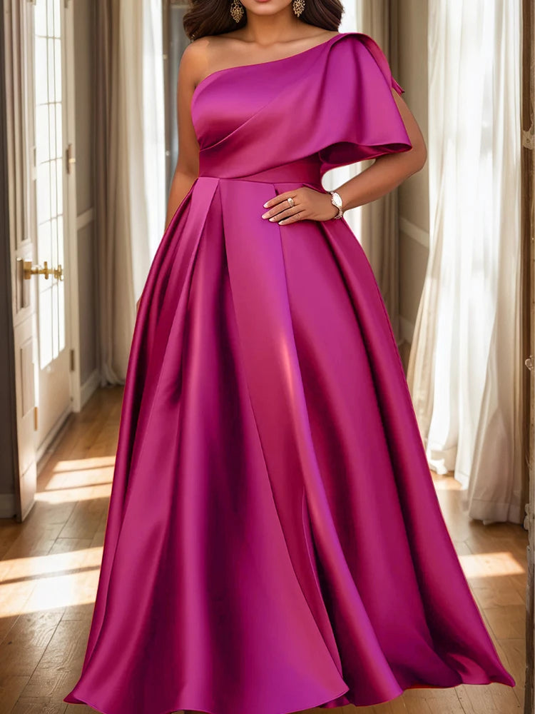 Maxy Plus Size Women's Evening Dress One Sleeve Pleated A-Line Elegant Wedding Guest Cocktail Maxy Dresses Off Shoulder Formal Dress