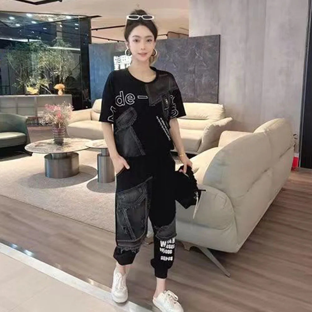 Maxy Fashion Denim Splice Summer Two Piece Sets Women's Outfits Loose Short Sleeve Tops + Wide Leg Pant Suit Casual Female Clothing