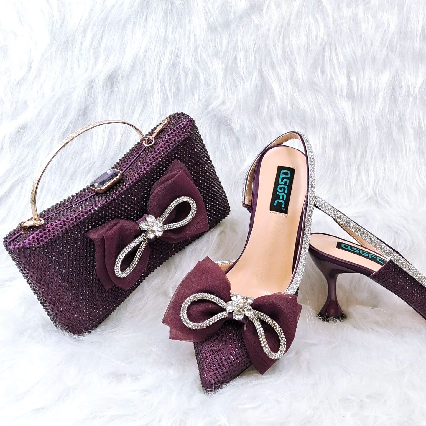 Maxy Newest Party Ladies Shoes and Bag Full Diamond Butterfly Italian Design Women Heel in D.Purple Color