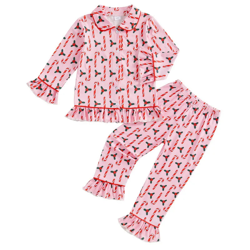 Max 1 to 5 Years Baby Girl Christmas Pajama Sets Long Sleeve Lapel Candy Cane/Santa Claus Print Shirt Pants Sleepwear