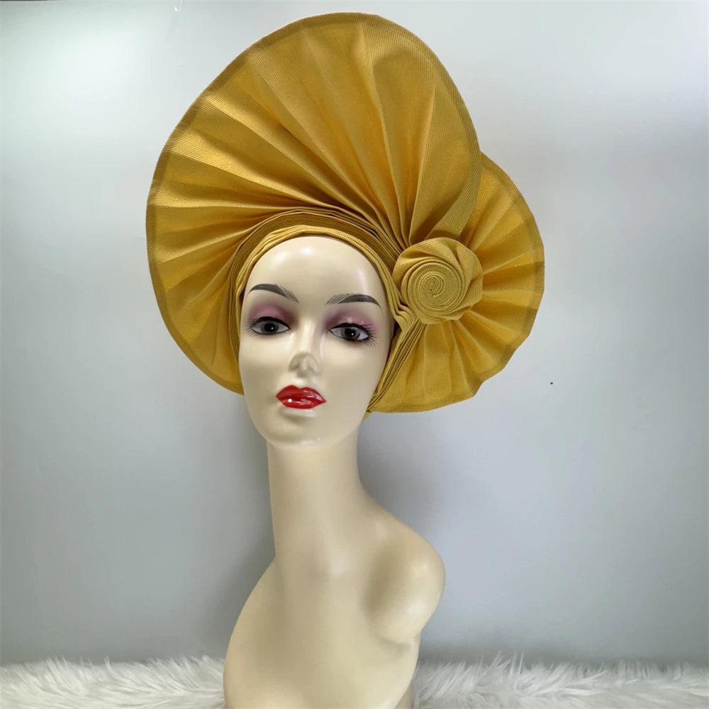 Amay Head tie Luxury Gold Aso Oke Gele Auto Gele Aso Ebi Head tie Turban Cap Women Head Wear