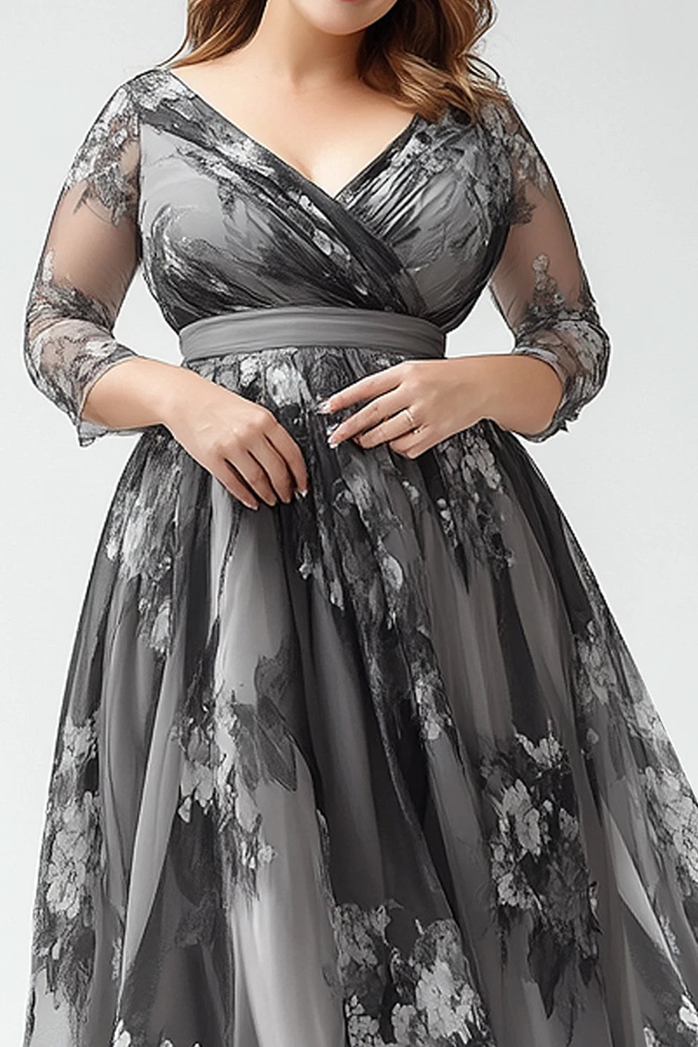 Maxy Fly curvy Plus Size Mother of The Bride Dark Grey Organza Wrap Floral Print Maxy Dress