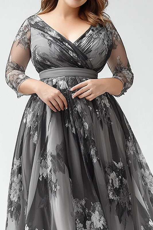 Maxy Fly curvy Plus Size Mother of The Bride Dark Grey Organza Wrap Floral Print Maxy Dress