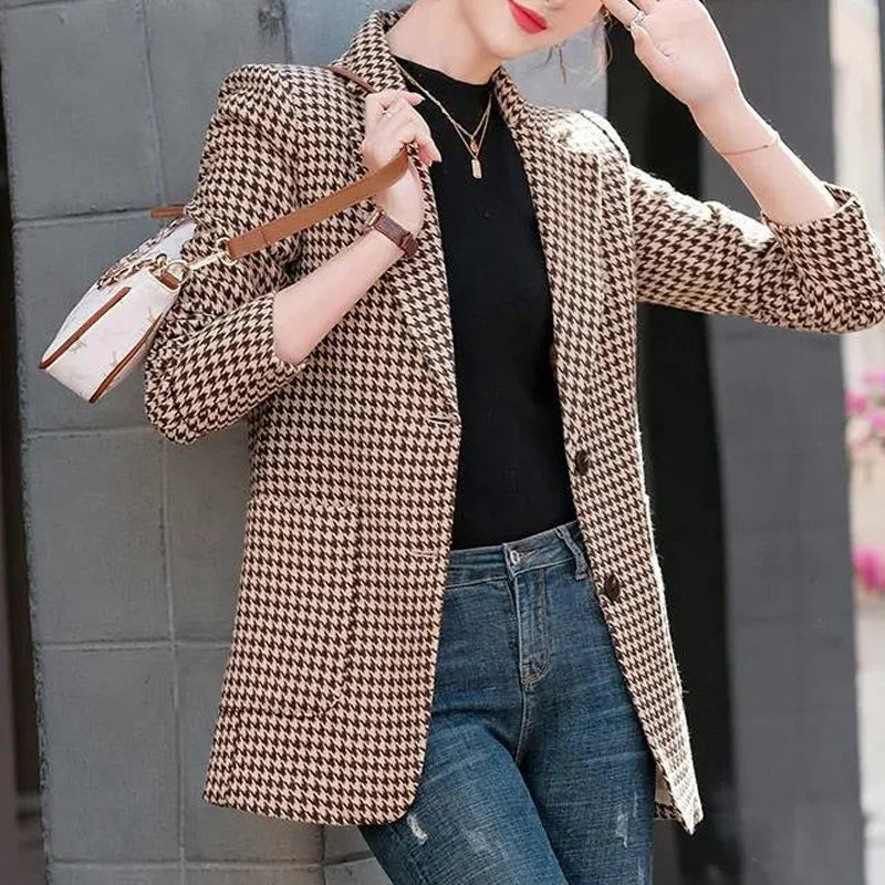 Maxy New Spring and Autumn Elegance Commuting Simple and Slim Fit Versatile Suit Collar Long Sleeved Bird Grid Oversize Suit